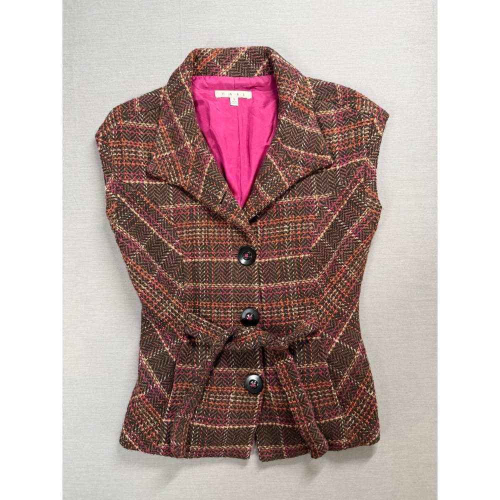 CAbi Womens Vest Size S Wool Blend Tie Front Plaid Pockets Chocolate Brown Lined